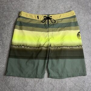 Hurley‎ Phantom Board Shorts Mens 33 Green Yellow Stripe Swim Trunks Surf Pocket